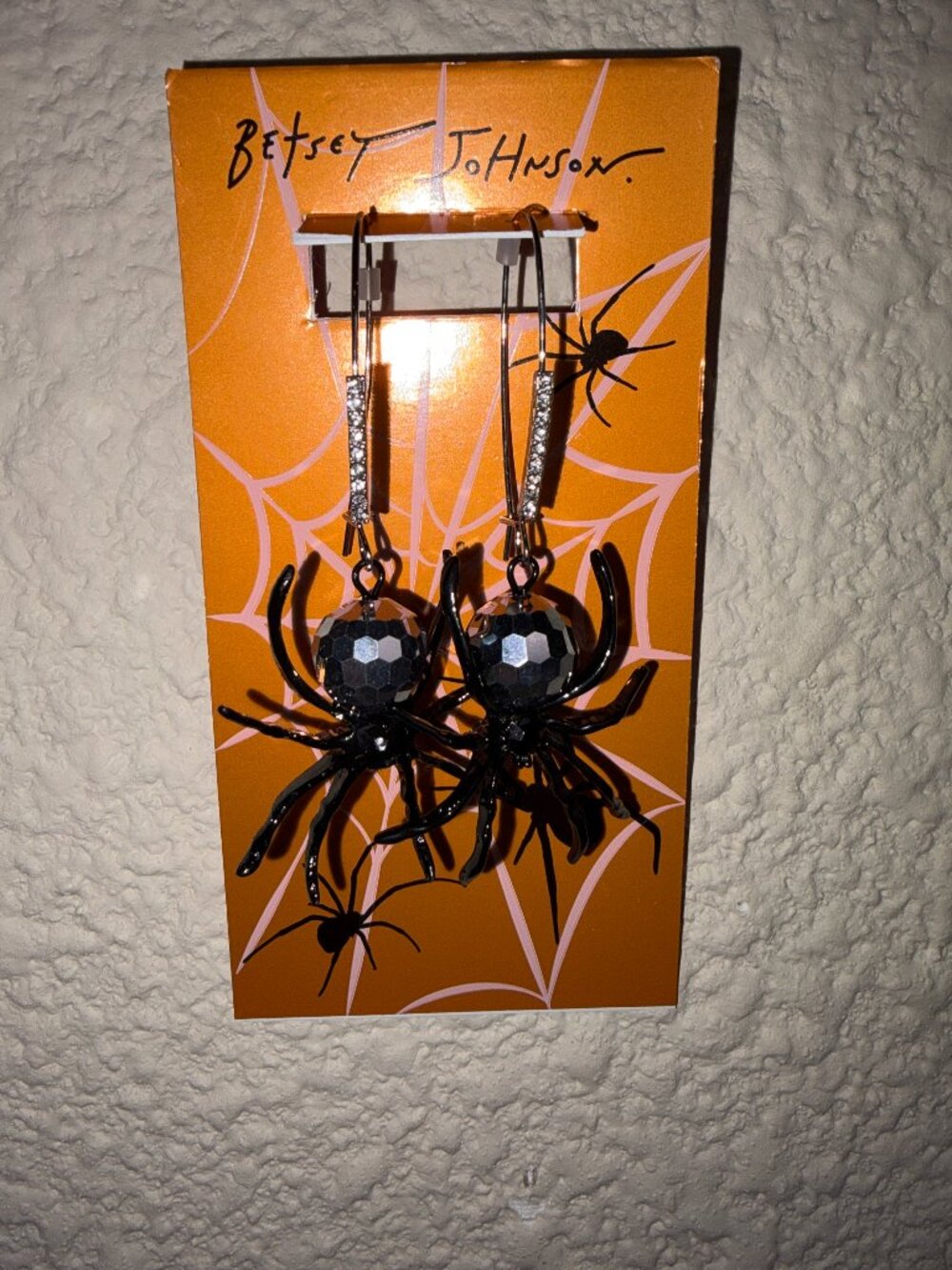 Betsey Johnson Black Spider Disco Ball Rhinestone Drop Earrings NWT